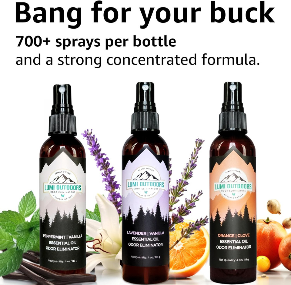 Lumi Outdoors Natural Air Freshener Spray - 3 Pack Bundle - Peppermint Vanilla, Lavender Vanilla, Orange Clove Room Sprays Lumi Outdoors Natural Air Freshener Spray - 3 Pack Bundle - Peppermint Vanilla, Lavender Vanilla, Orange Clove Room Sprays