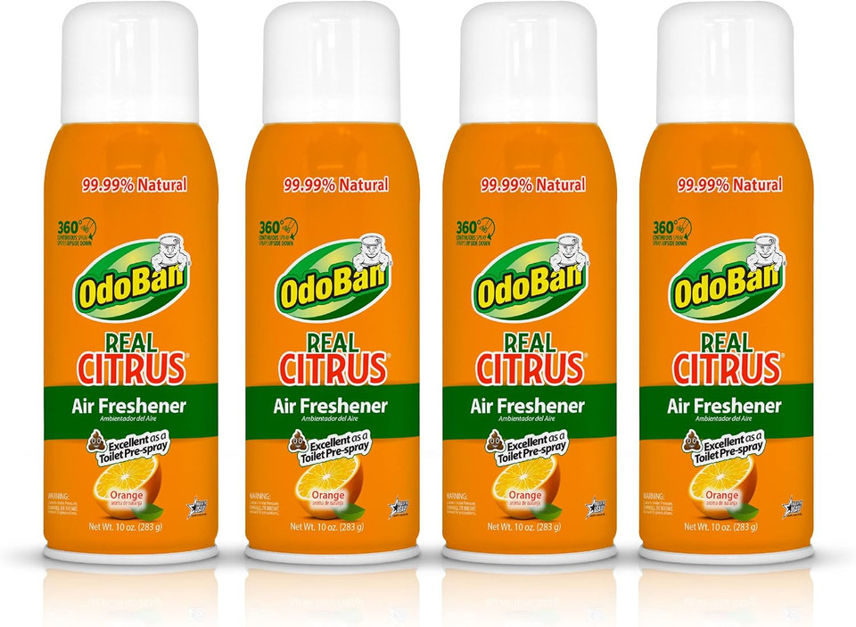 Odoban Aroma Eliminator, 360-Degree Continuous Spray Natural Oil Real Citrus Air Freshener, Toilet Spray, 4-Pack, 10 Ounces Each, Orange Scent