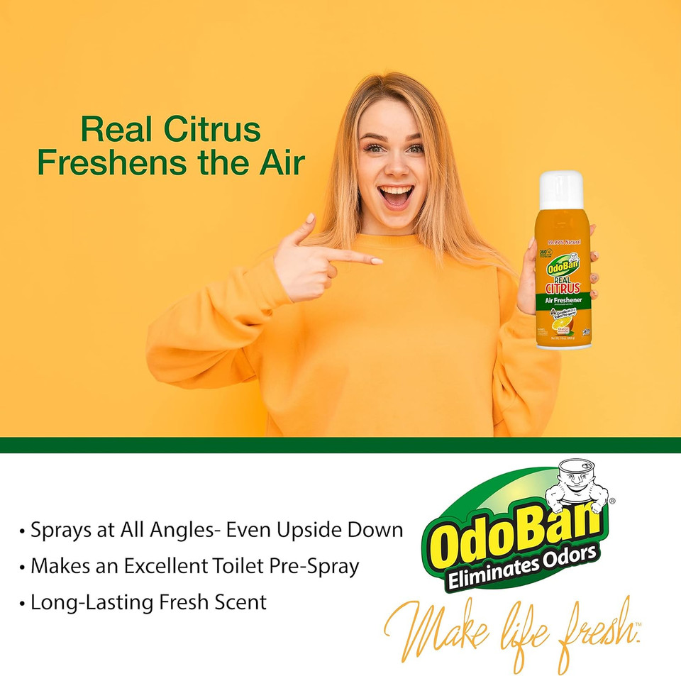 Odoban Aroma Eliminator, 360-Degree Continuous Spray Natural Oil Real Citrus Air Freshener, Toilet Spray, 4-Pack, 10 Ounces Each, Orange Scent