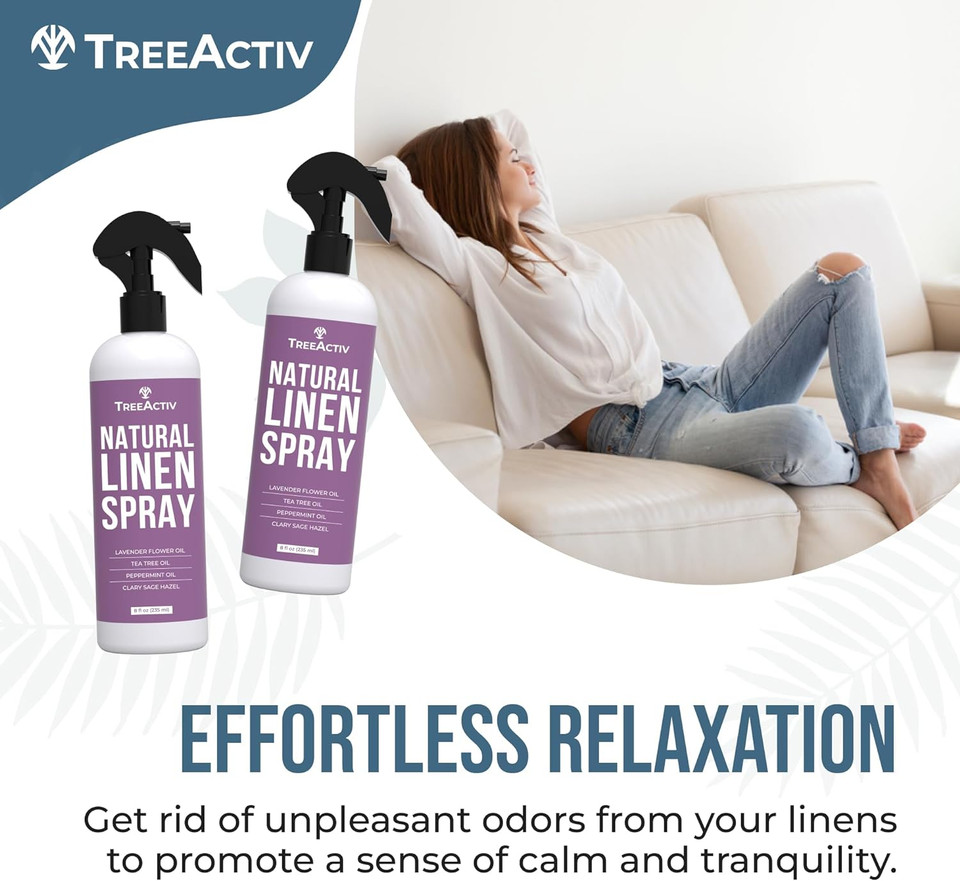 Treeactiv Natural Linen Spray, 8 Fl Oz, Lavender Spray For Sleep, Linen Spray For Beddings, Pillows, And Sheets, Lavender Bed Spray With Lavender And Tea Tree, Pillow Mist Freshener, 2000+ Sprays
