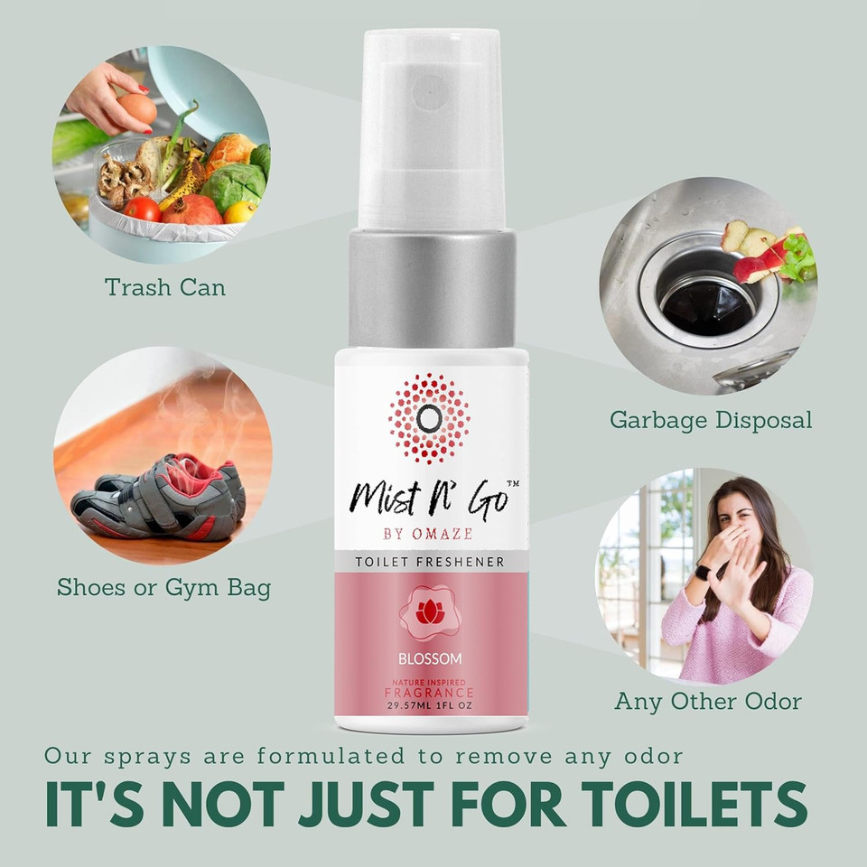 Mist N' Go By Omaze Blossom Scent Toilet Spray For Poop - Bathroom Spray Odor Eliminator Use Before You Sit On Toilet - Bathroom Poop Spray Tor Toilet Use For Travelling - Pocket Size (1Oz X5)
