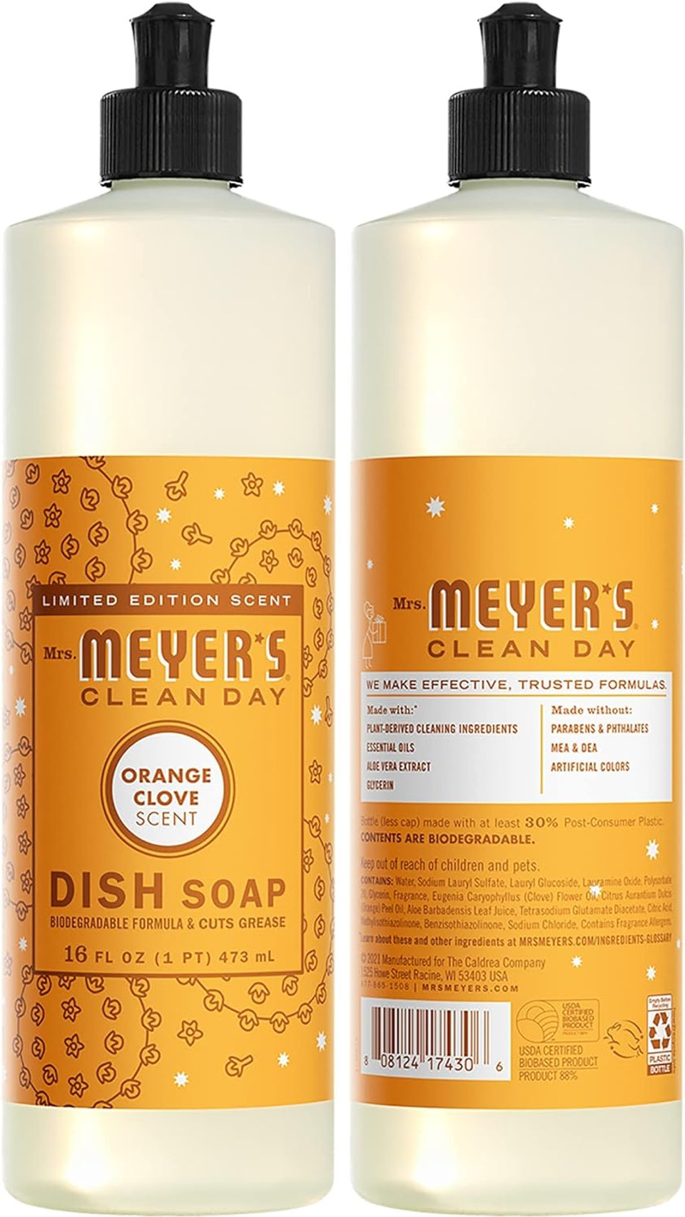 Mrs. Meyer'S Clean Day Liquid Dish Soap, Orange Clove, 16 Fluid Ounce (Pack Of 2)