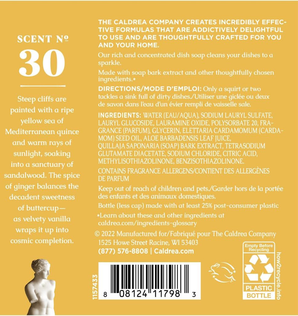 Caldrea Dish Soap, Dishwashing Liquid Made With Soap Bark, Aloe Vera And Cardamom Seed Oil, Vanilla Quince Santal Scent, 16 Oz