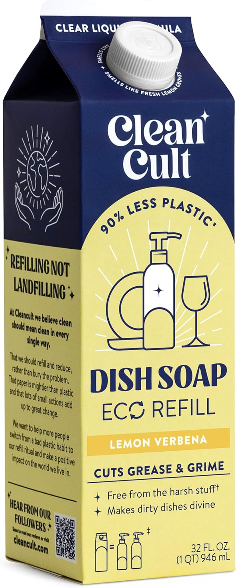 Cleancult Dish Soap Liquid Refills (32Oz, 1 Pack) - Dish Soap That Cuts Grease & Grime - Free Of Harsh Chemicals - Paper Based Eco Refill, Uses 90% Less Plastic - Lemon Verbena