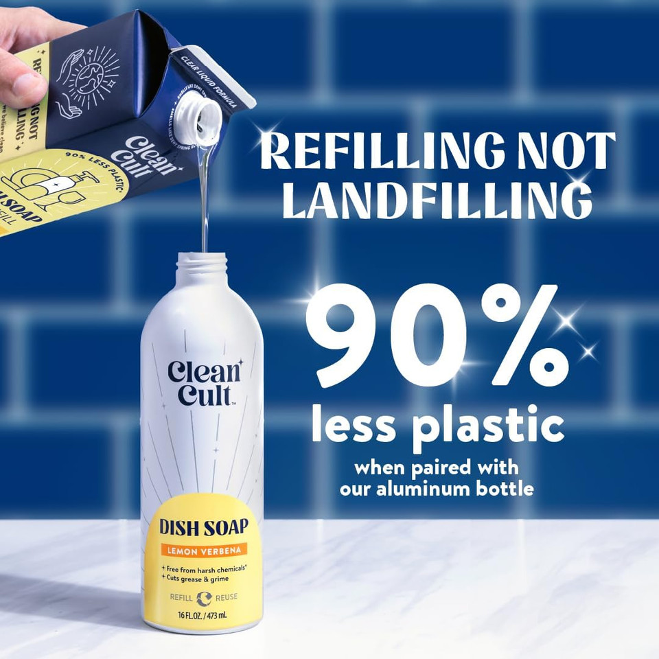 Cleancult Dish Soap Liquid Refills (32Oz, 1 Pack) - Dish Soap That Cuts Grease & Grime - Free Of Harsh Chemicals - Paper Based Eco Refill, Uses 90% Less Plastic - Lemon Verbena