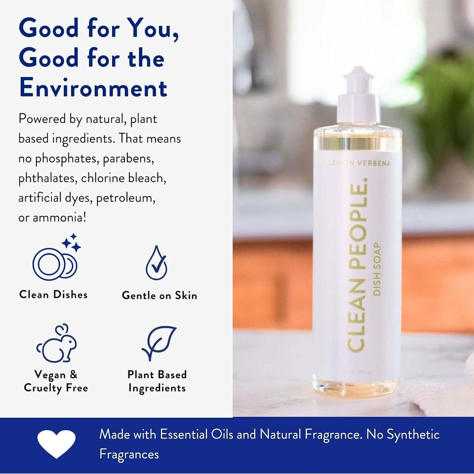 Clean People Liquid Dish Soap - Plant Based Dish Soap - Biodegradable Formula - Recyclable Packaging (Lemon Verbena Scent) 12 Fl. Oz (3 Pack)