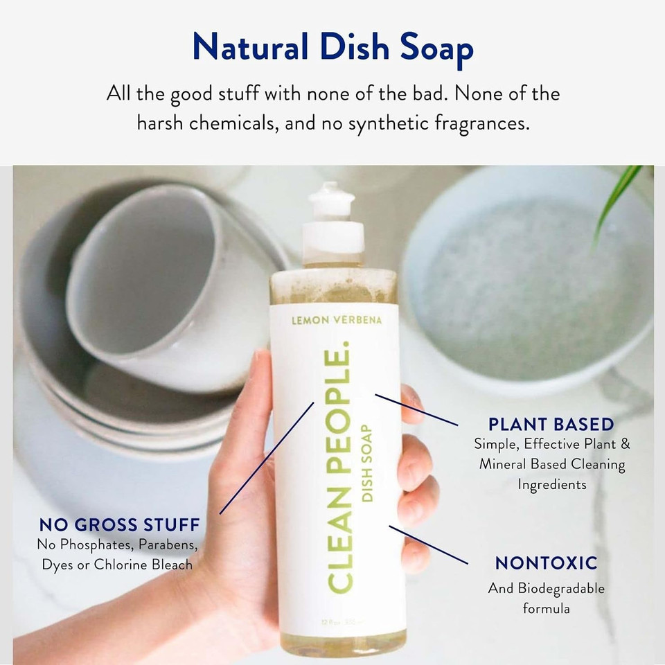 Clean People Liquid Dish Soap - Plant Based Dish Soap - Biodegradable Formula - Recyclable Packaging (Lemon Verbena Scent) 12 Fl. Oz (3 Pack)