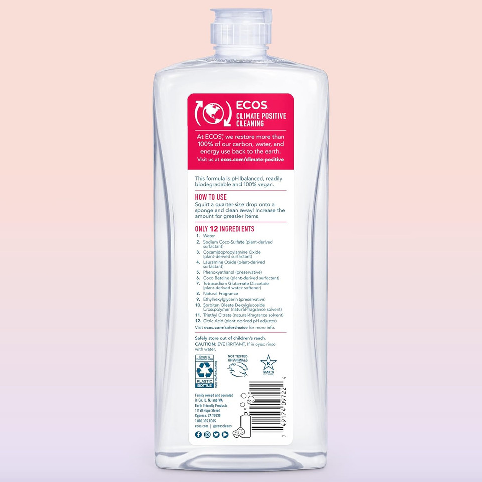 Ecos Dish Soap - Cuts Grease & Food Residue No Harsh Chemicals Hypoallergenic For Sensitive Skin Biodegradable Formula, Recyclable Sustainable Liquid Dishwashing Grapefruit (Pack Of 2)