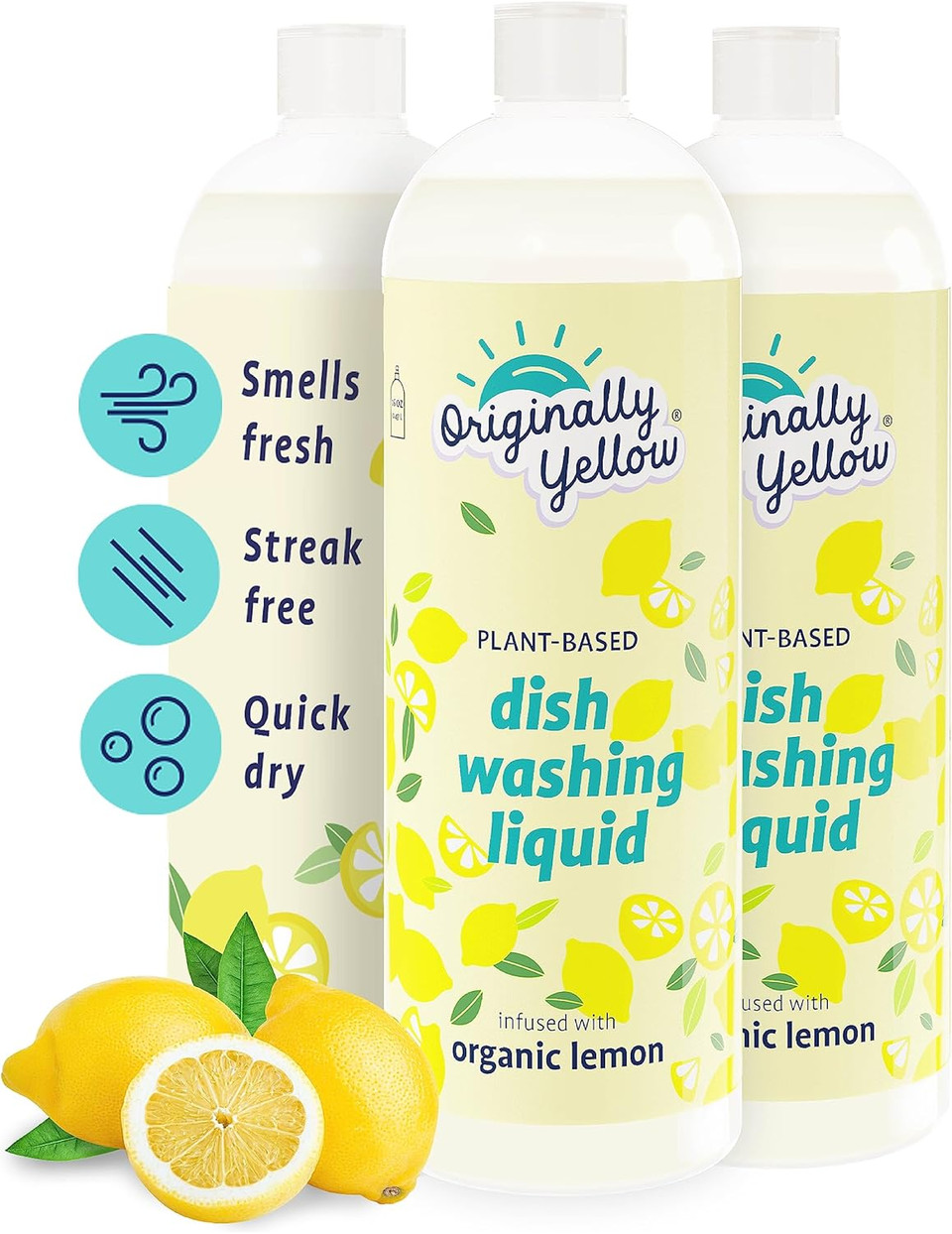 Originally Yellow Plant-Based Dish Washing Liquid | Dish Soap Liquid Infused With Organic Lemon | Quick-Drying Dishwashing Liquid Removes Dirt And Grease | Streak-Free Dish Soap, 16 Fl Oz (3-Pack)