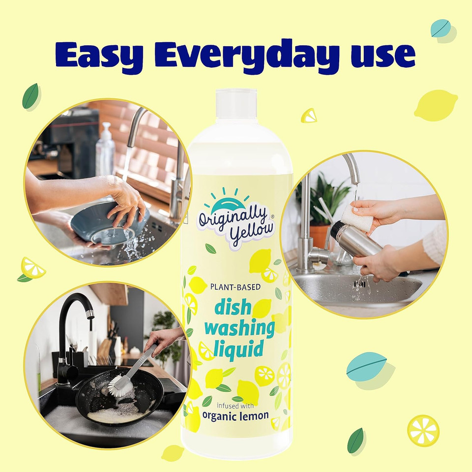 Originally Yellow Plant-Based Dish Washing Liquid | Dish Soap Liquid Infused With Organic Lemon | Quick-Drying Dishwashing Liquid Removes Dirt And Grease | Streak-Free Dish Soap, 16 Fl Oz (3-Pack)