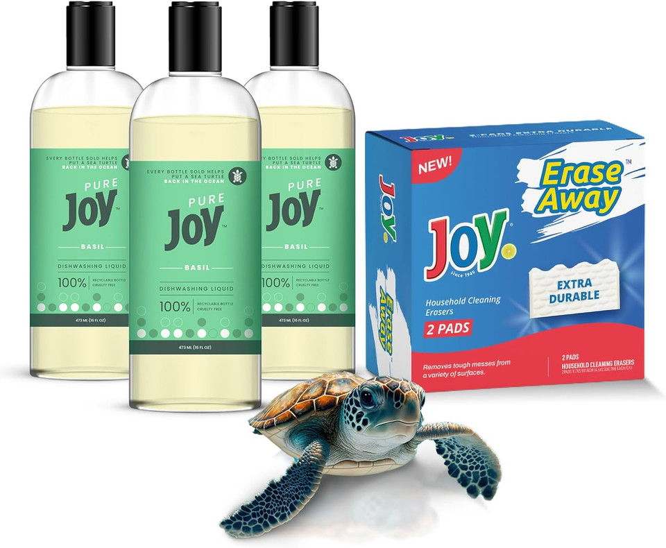 Joy Pure Natural Liquid Dish Soap | Biodegradable Formula | Basil Scent | 16 Fl. Oz - Pack Of 3, Bundled With 2 Erase Pads (Basil)