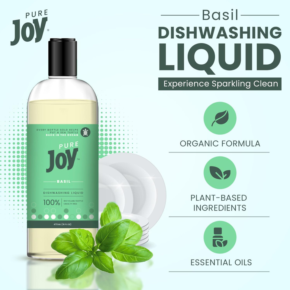 Joy Pure Natural Liquid Dish Soap | Biodegradable Formula | Basil Scent | 16 Fl. Oz - Pack Of 3, Bundled With 2 Erase Pads (Basil)