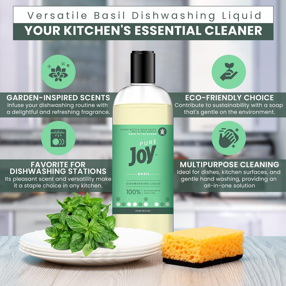 Joy Pure Natural Liquid Dish Soap | Biodegradable Formula | Basil Scent | 16 Fl. Oz - Pack Of 3, Bundled With 2 Erase Pads (Basil)