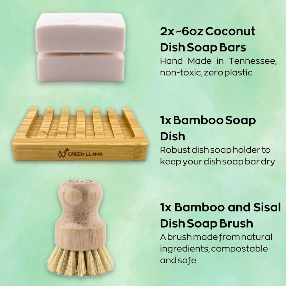 Eco-Friendly Dish Washing Bar Soap Set With 2 Fragrance-Free Solid Coconut Oil Bars, Sisal Scrub Brush, And Bamboo Holder - Sustainable Kitchen Cleaning Set