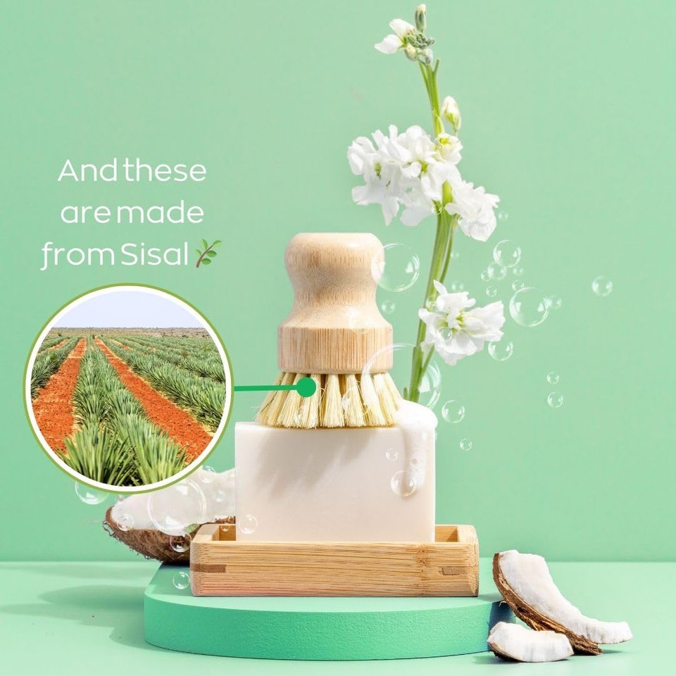 Eco-Friendly Dish Washing Bar Soap Set With 2 Fragrance-Free Solid Coconut Oil Bars, Sisal Scrub Brush, And Bamboo Holder - Sustainable Kitchen Cleaning Set