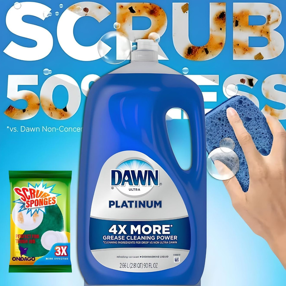 Dawn Platinum Dishwashing Liquid Hand Soap, 90 Fl Oz Refill Bottle, Bundled With Scrubbing Sponge