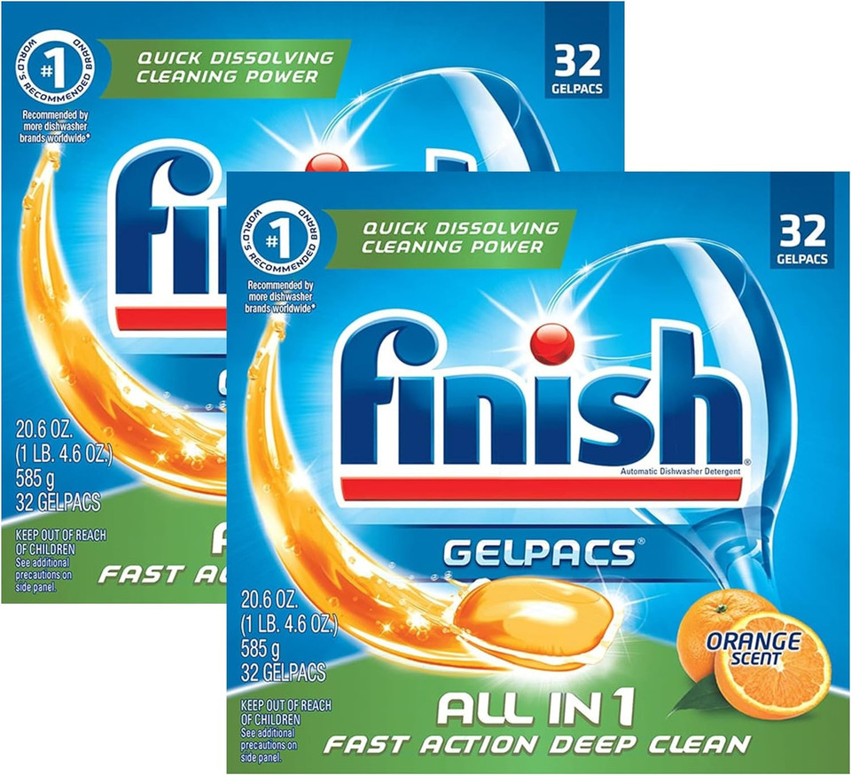 Finish All In 1 Gelpacs, Orange 32 Tabs, Dishwasher Detergent Tablets (Pack Of 2)