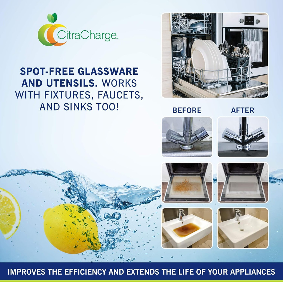 Nuvoh2O Citracharge - New Packaging! Hard-Water Buildup Remover, Dishwasher Booster And Cleaner, Multipurpose Cleaning Agent For Sink Fixtures, Toilets, Glass, Washing Machines, And More