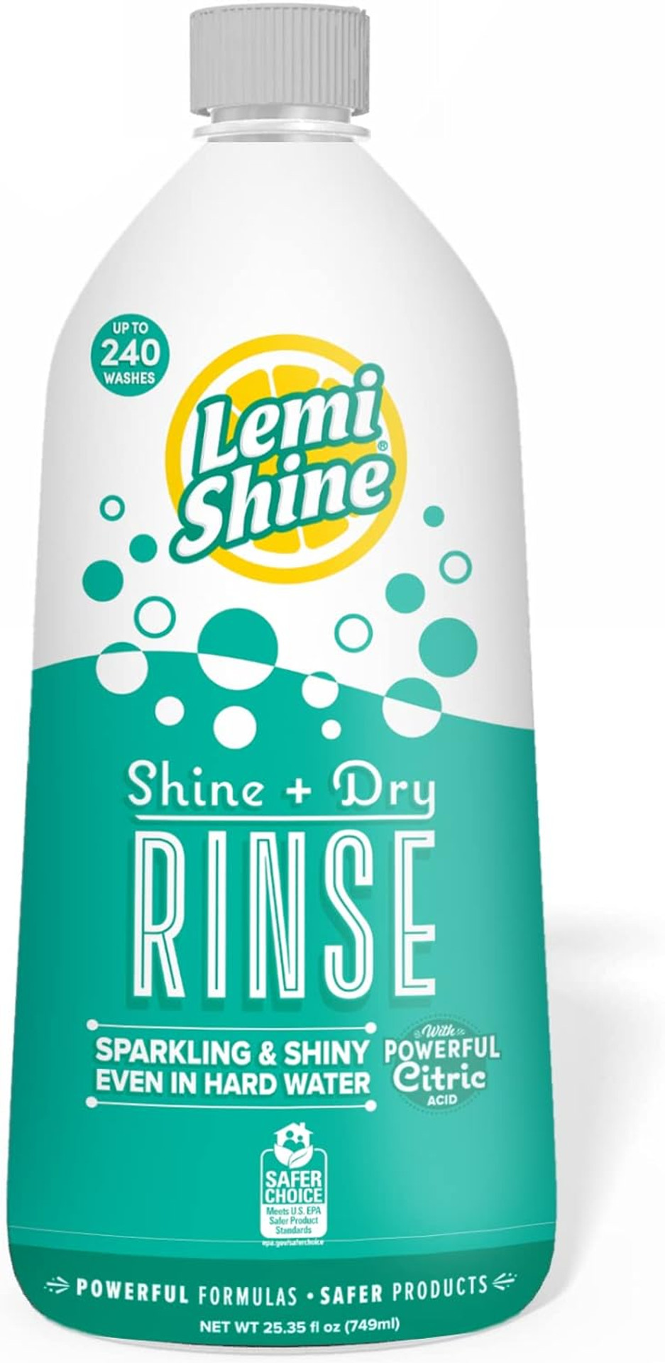 Lemi Shine - Shine + Dry Natural Dishwasher Rinse Aid, Hard Water Stain Remover (1 Pack - 25 Oz)