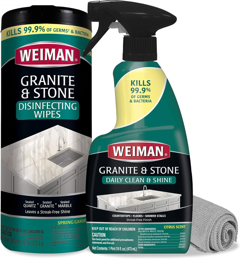 Weiman Disinfectant Granite Cleaner Kit - Safely Clean Disinfect And Shine Granite Marble Soapstone Quartz Quartzite Slate Limestone Corian Laminate Tile Countertops - Packaging May Vary