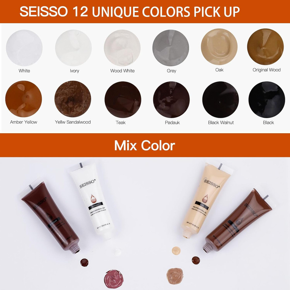 Seisso Wood Repair Kit Wood Touch Up Paint Restore Any Wood Furniture Wood Stain, 12 Colors Cover Surface Scratch For Wooden Floor Table, Filler Furniture Paint Oak, Cabinet, Door, Veneer, Walnut
