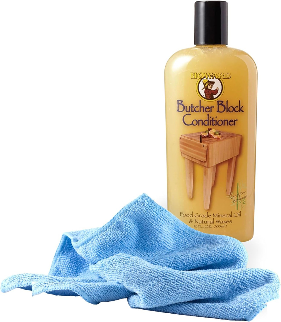 Black Swan Distributors - Howard Butcher Block Conditioner (12 Oz) & Non-Abrasive Microfiber Cleaning Cloth (15X15 In) - Beeswax, Carnauba Wax & Mineral Oil - For All Food-Safe Wooden Surfaces Black Swan Distributors - Howard Butcher Block Conditioner (12 Oz) & Non-Abrasive Microfiber Cleaning Cloth (15X15 In) - Beeswax, Carnauba Wax & Mineral Oil - For All Food-Safe Wooden Surfaces
