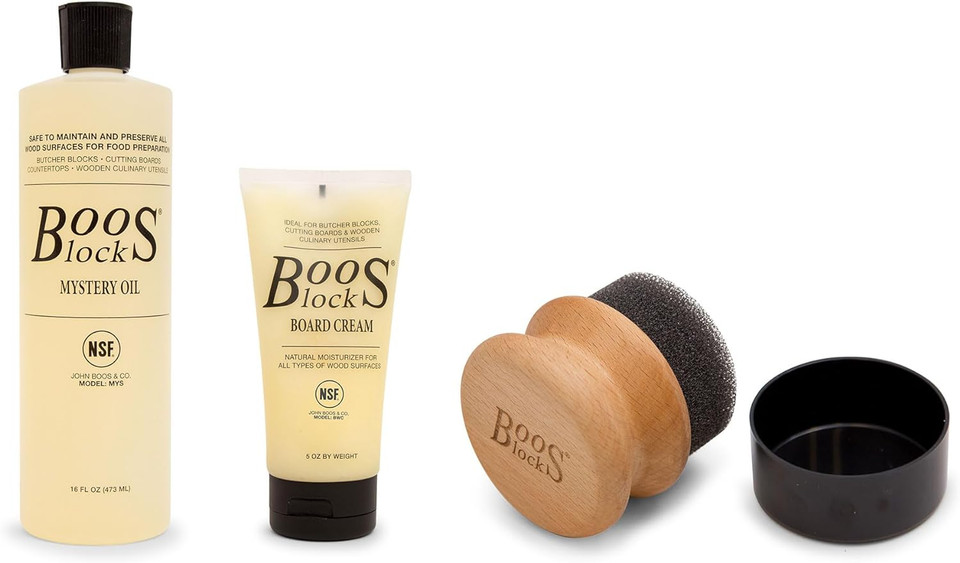 John Boos 3-Piece Boos Block Charcuterie Board And Wood Cutting Board Care And Maintenance Set, 16-Ounce Mystery Oil, 5-Ounce Board Cream & Applicator