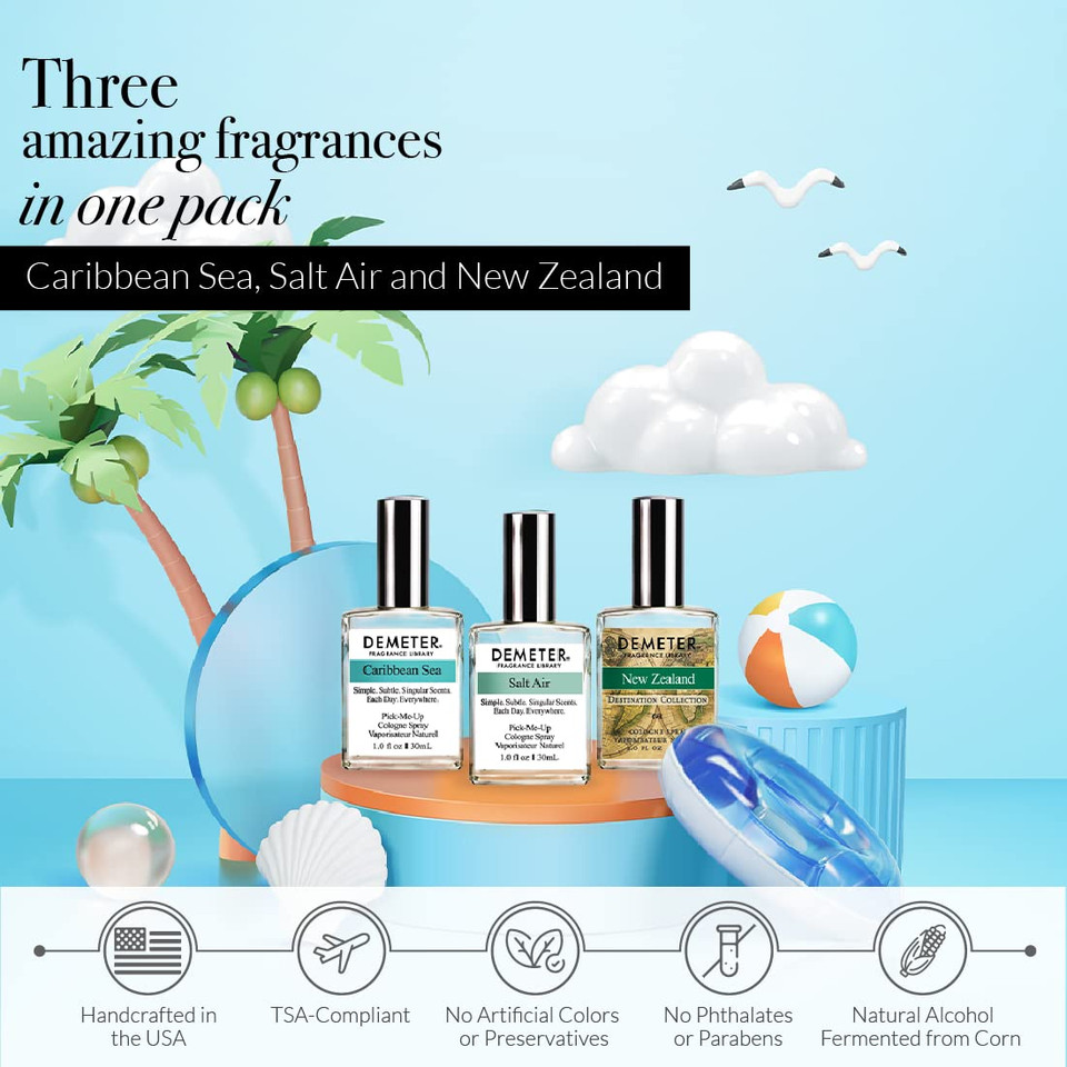 Demeter Water Foolproof Blending Set Of 3 Perfumes - Caribbean Sea, Salt Air, New Zealand - 3 Unique 1 Oz Cologne Sprays