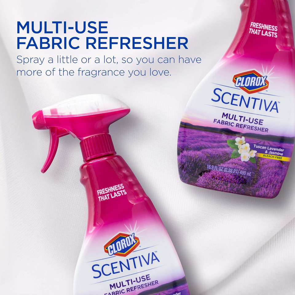 Clorox Scentiva Multi-Use Fabric Refresher Spray | Fabric Freshener For Closets, Upholstery, Curtains, And Carpets | Tuscan Lavender & Jasmine | 16.9 Ounces (Pack Of 2)