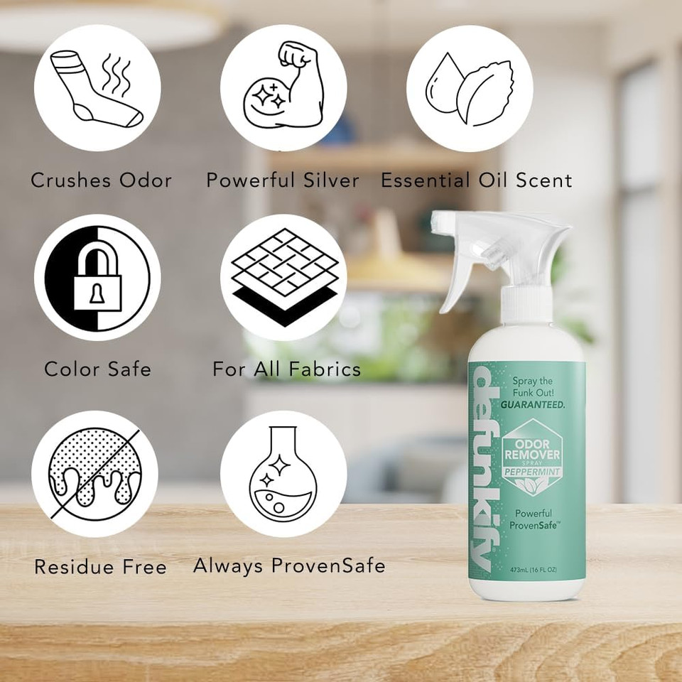 Defunkify Odor Remover Spray | Good As Linen Spray, Shoe Deodorizer, Pet Odor Eliminator | With Ionic Silver & Pure Essential Oil Scent | 32 Fl Oz (2-Pack Of 16 Fl Oz Bottles) (Peppermint)