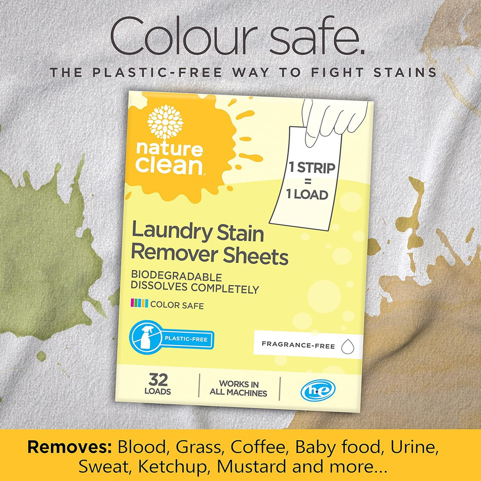 Nature Clean Natural Stain Remover For Clothes Laundry Strips Unscented 32 Count, Non-Toxic Advanced Stain Remover Treater Laundry Sheets, Plastic-Free Travel Stain Remover For Fabric Eco-Friendly