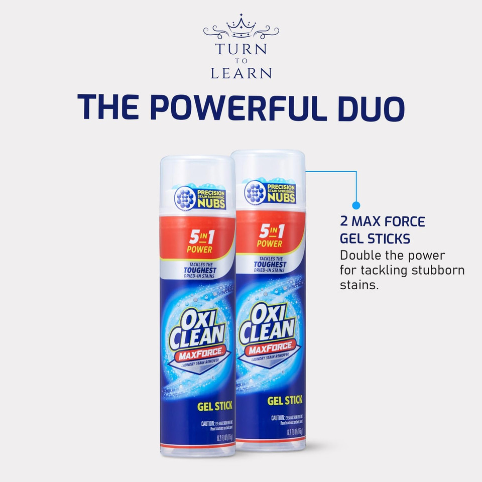 Oxi, Clean Max Force Stain Remover 6.2 Ounce 2-Pack  Stain Stick For Clothes,  Stain Grabbing Nubs Grease Stain Remover For Clothes  Gel Stain For 5 Stain Types