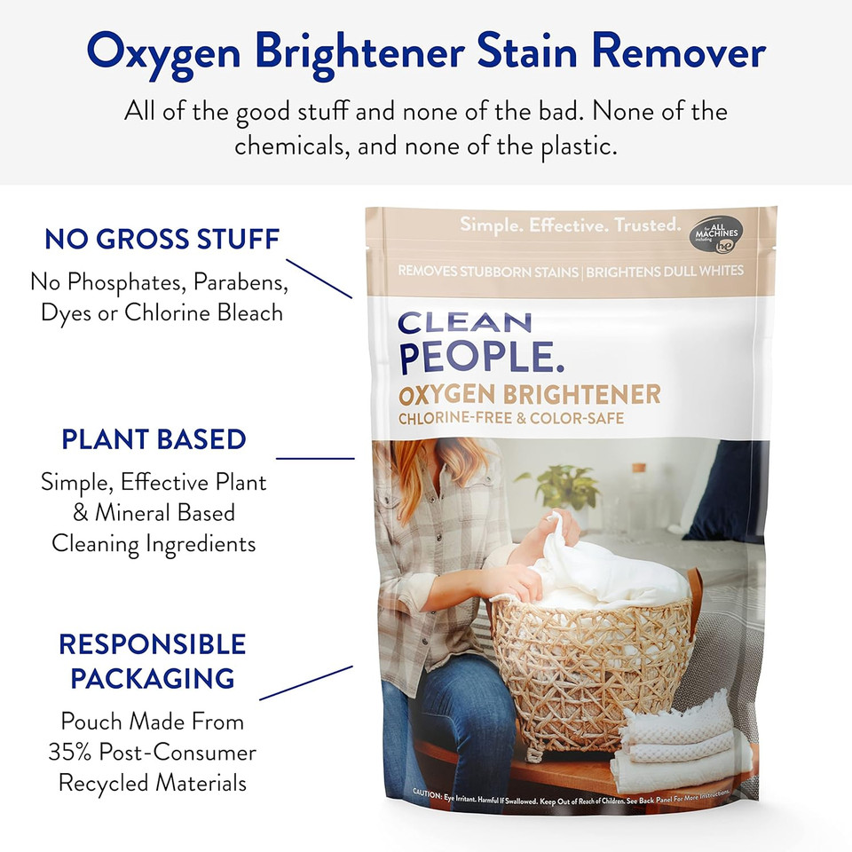 Clean People Natural Oxygen Brightener Stain Remover - Natural Bleach Alternative, Plant Derived Ingredients, Brightens Dull Whites And Colors - Natural Stain Remover For Laundry - 79 Oz