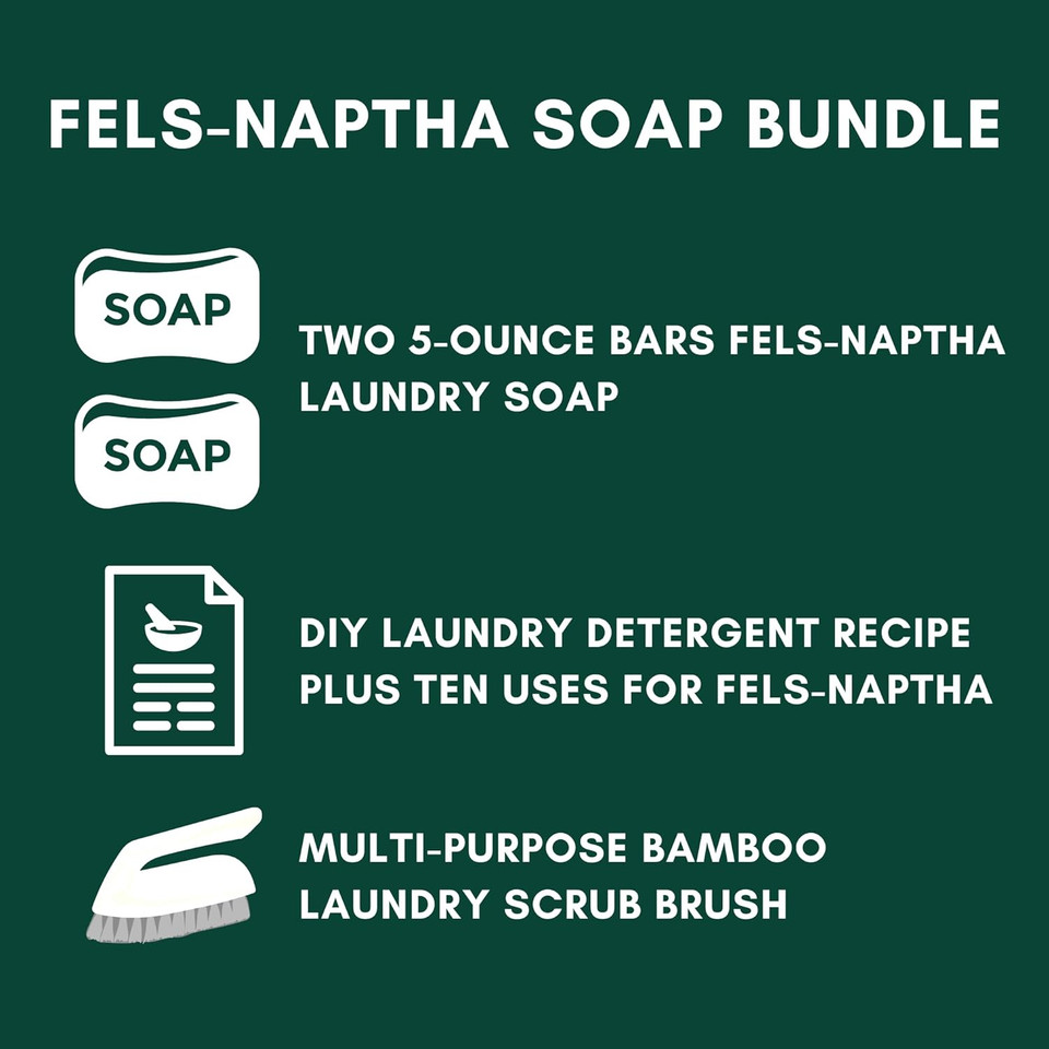 Fels-Naptha Laundry Detergent Bar Soap And Stain Remover Bundle - Includes 2 (5-Ounce) Fels Naptha Laundry Bar, Eco Bamboo Laundry Scrub Brush, Diy Laundry Detergent Recipe By Foxtail Collective