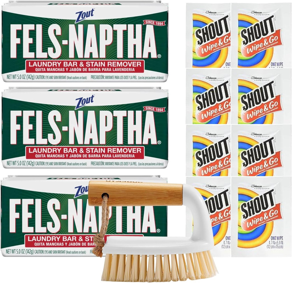 Fels-Naptha Laundry Detergent Bar Soap And Stain Remover Bundle - Includes 3 (5-Ounce) Fels Naptha Laundry Bar, 8 Shout Wipes, Eco Bamboo Scrub Brush, Diy Detergent Recipe By Foxtail Collective