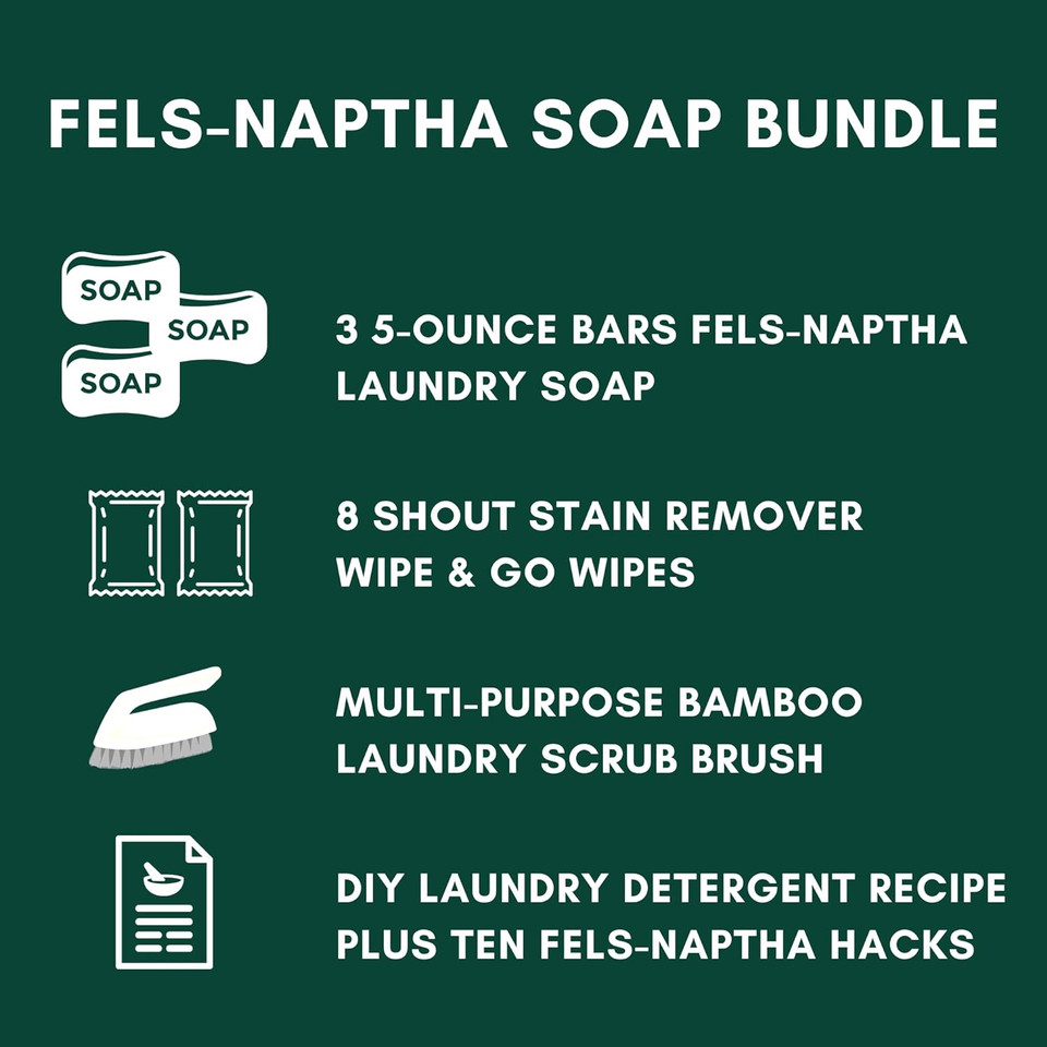 Fels-Naptha Laundry Detergent Bar Soap And Stain Remover Bundle - Includes 3 (5-Ounce) Fels Naptha Laundry Bar, 8 Shout Wipes, Eco Bamboo Scrub Brush, Diy Detergent Recipe By Foxtail Collective