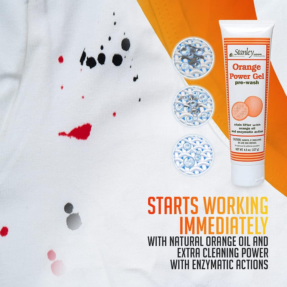 Stanley Home Products Orange Power Gel Pre Wash - Laundry Stain Remover - Spot Treat Tough Stains Works Immediately Cleans And Deodorizes Fabrics Ideal For Blood Oil Grease And More