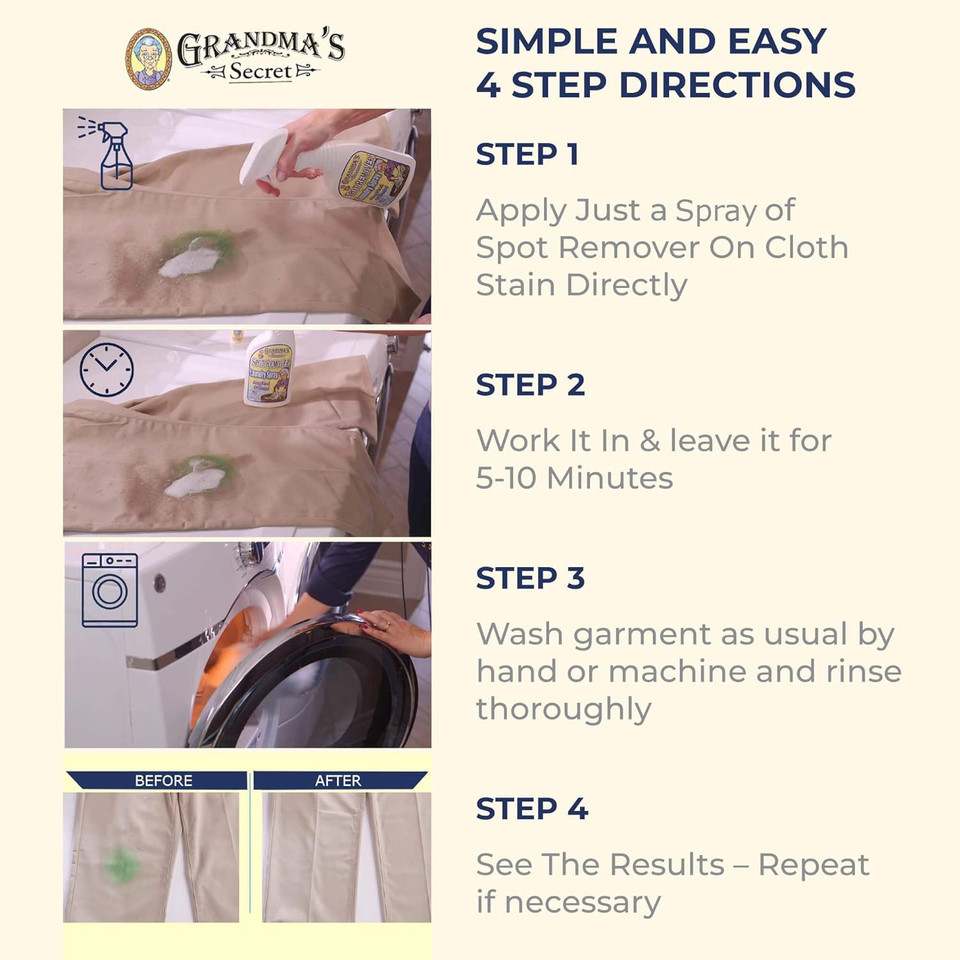Grandma'S Secret Spot Remover Laundry Spray - Chlorine, Bleach And Toxin-Free Fabric Stain Remover For Clothes - Removes Oil, Paint, Blood And Pet Stains - 16 Oz, 2 Pack