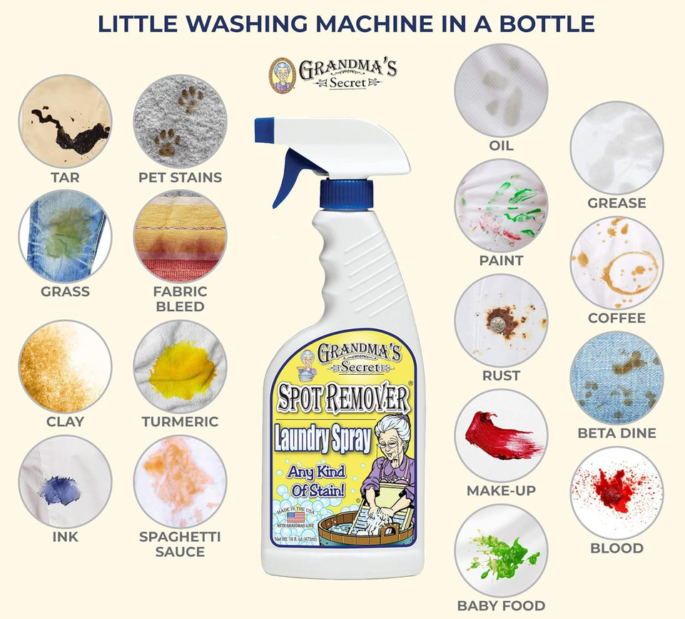 Grandma'S Secret Spot Remover Laundry Spray - Chlorine, Bleach And Toxin-Free Fabric Stain Remover For Clothes - Removes Oil, Paint, Blood And Pet Stains - 16 Oz, 2 Pack