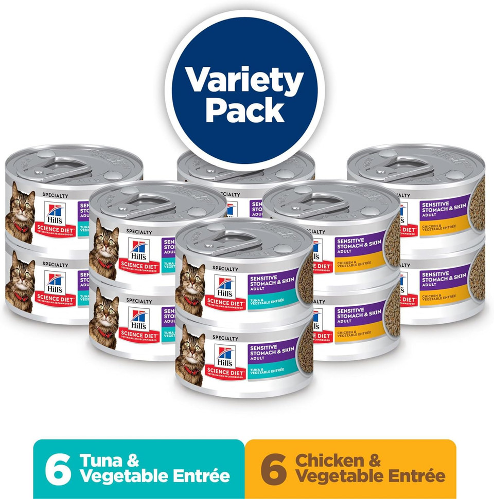 Hill'S Science Diet Sensitive Stomach & Skin, Adult 1-6, Stomach & Skin Sensitivity Support, Wet Cat Food, Variety Case: Chicken; Tuna Minced, 2.9 Oz Can Variety Case, Case Of 12