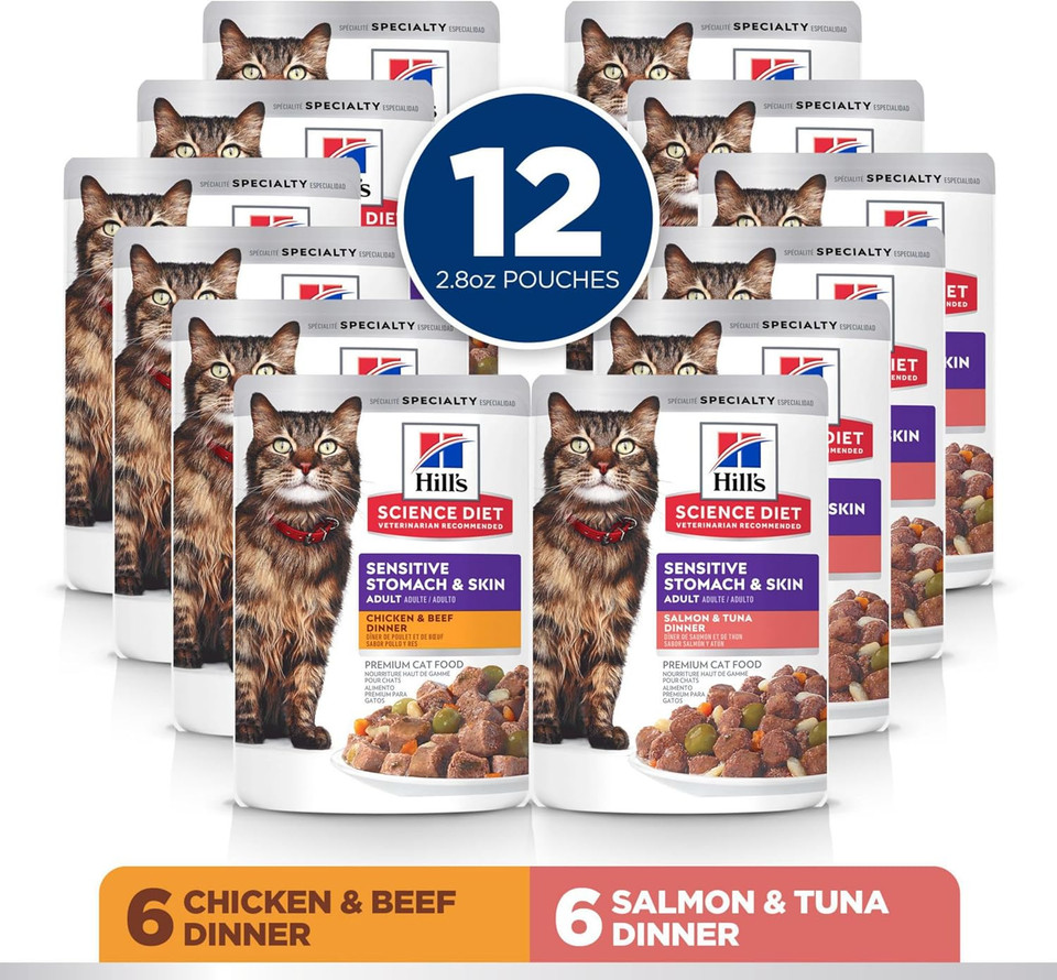 Hill'S Science Diet Sensitive Stomach & Skin, Adult 1-6, Stomach & Skin Sensitivity Support, Wet Cat Food, Variety Case: Chicken & Beef; Salmon & Tuna Stew, 2.8 Oz Pouch Variety Case, Case Of 12