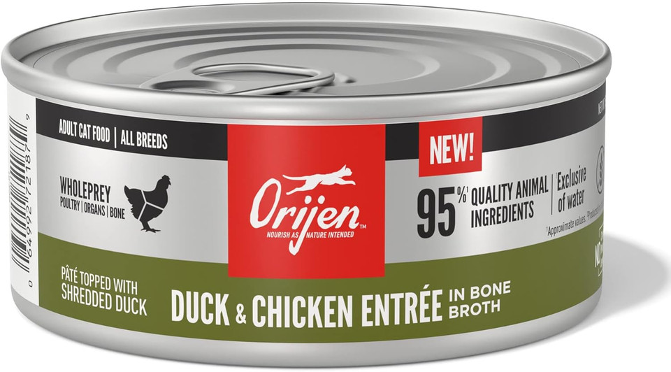 Orijen Adult Wet Cat Food, Grain Free Duck And Chicken Entree In Bone Broth, Wholeprey Ingredients, 5.5Oz (Case Of 12)