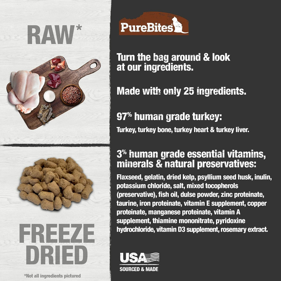 Purebites Turkey Freeze Dried Cat Food  Topper, 24 Ingredients, Made In Usa, 9.2Oz