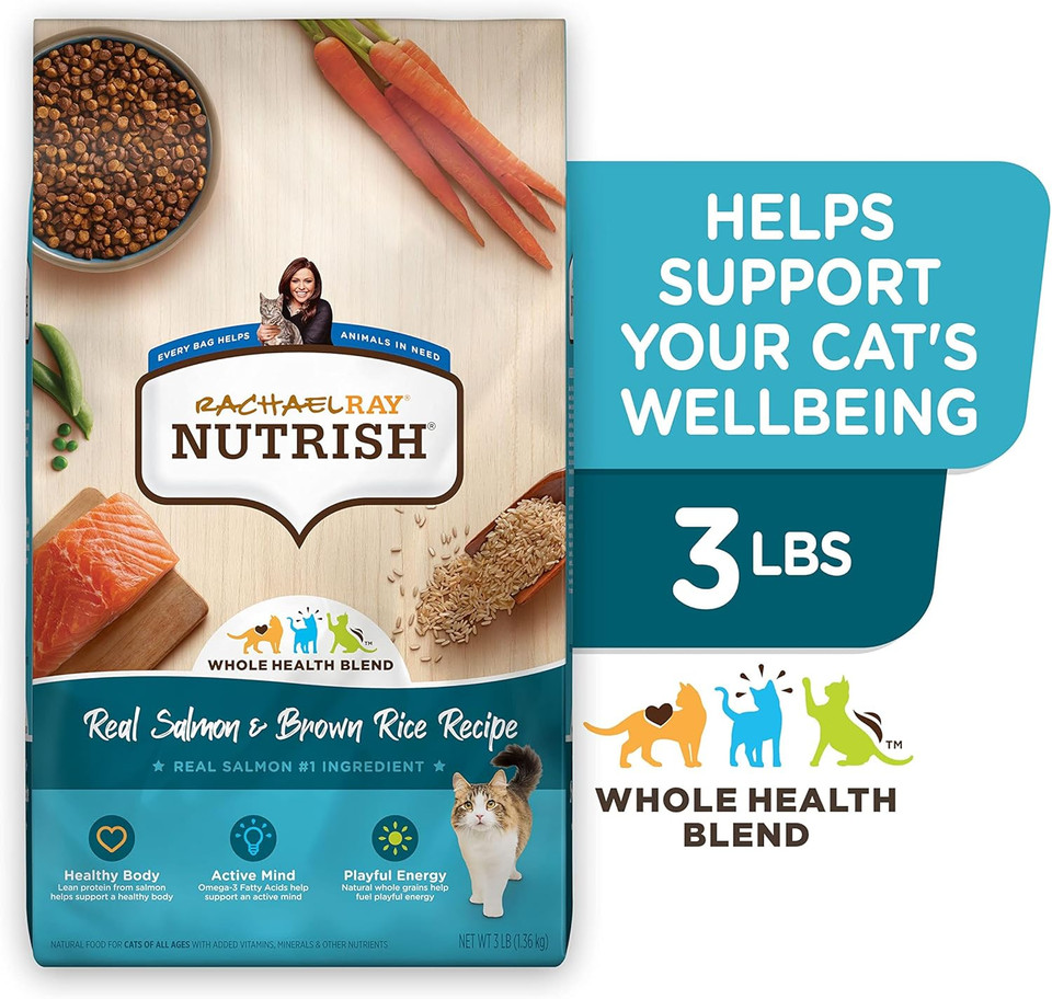 Rachael Ray Nutrish Premium Natural Dry Cat Food With Added Vitamins, Minerals & Other Nutrients, Real Salmon & Brown Rice Recipe, 3 Pound Bag
