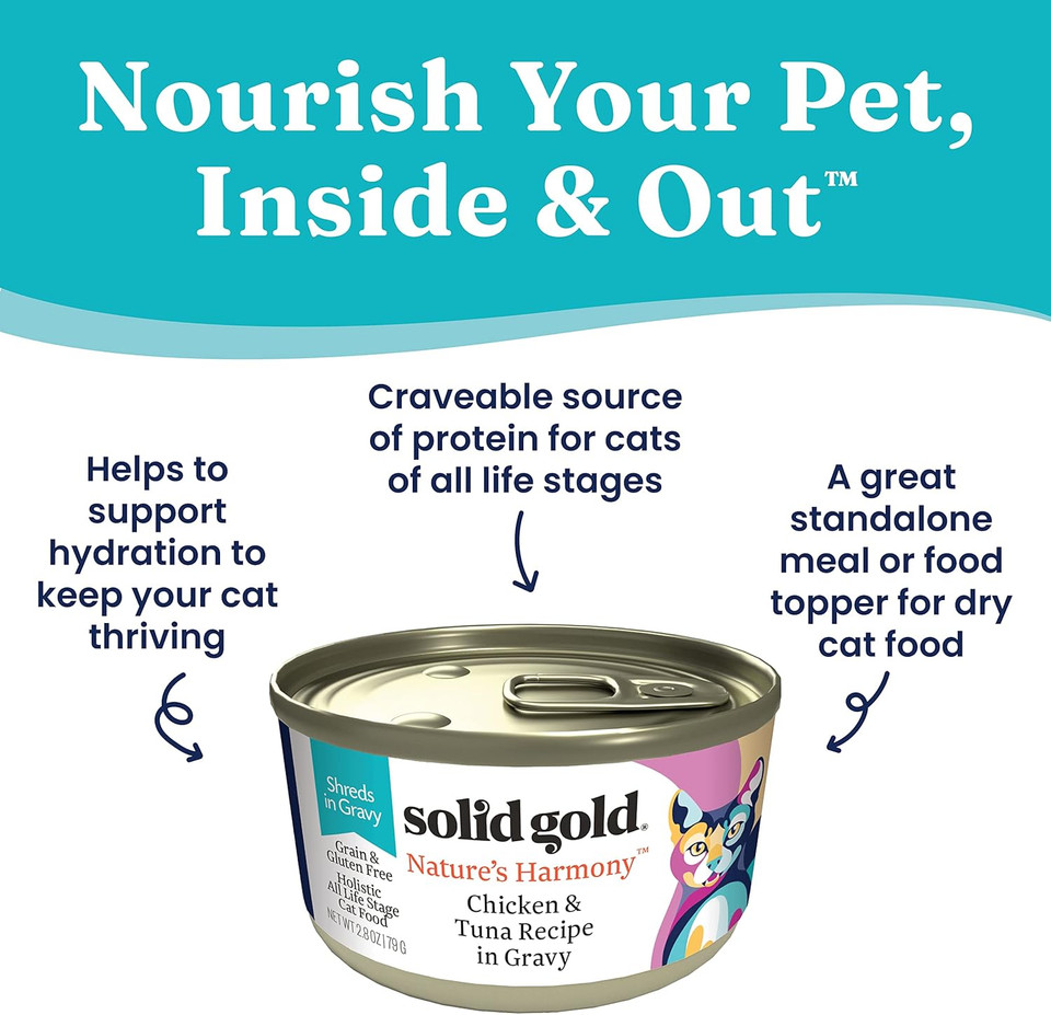 Solid Gold Canned Cat Food - Nature'S Harmony Wet Cat Food Shreds In Gravy - Grain & Gluten Free Cat Wet Food Made With Real Chicken & Tuna For Sensitive Stomach Support & Digestive Health - 24 Pack