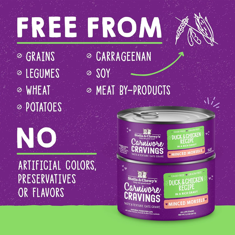 Stella & Chewyã¢ÂS Carnivore Cravings Minced Morsels Cans ÃÂ Grain Free, Protein Rich Wet Cat Food ÃÂ Cage-Free Chicken & Duck Recipe ÃÂ (2.8 Ounce Cans, Case Of 12)