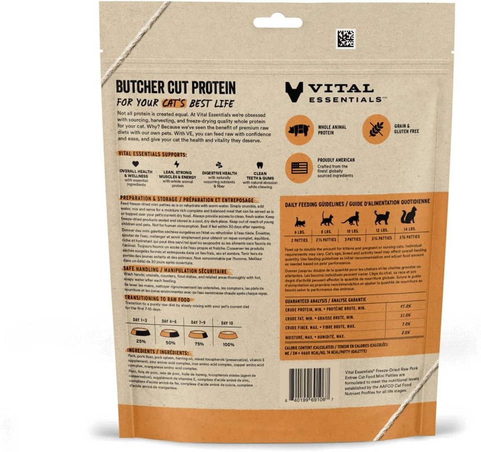 Vital Essentials Freeze Dried Raw Cat Food, Pork Mini Patties Entree, 3.75 Oz