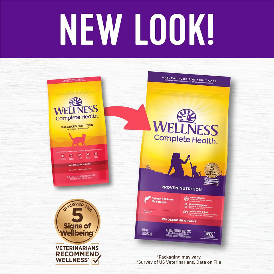 Wellness Complete Health Natural Dry Cat Food With Wholesome Grains, Made In Usa With Real Meat (Adult, Salmon & Salmon Meal Recipe, 5-Pound Bag)