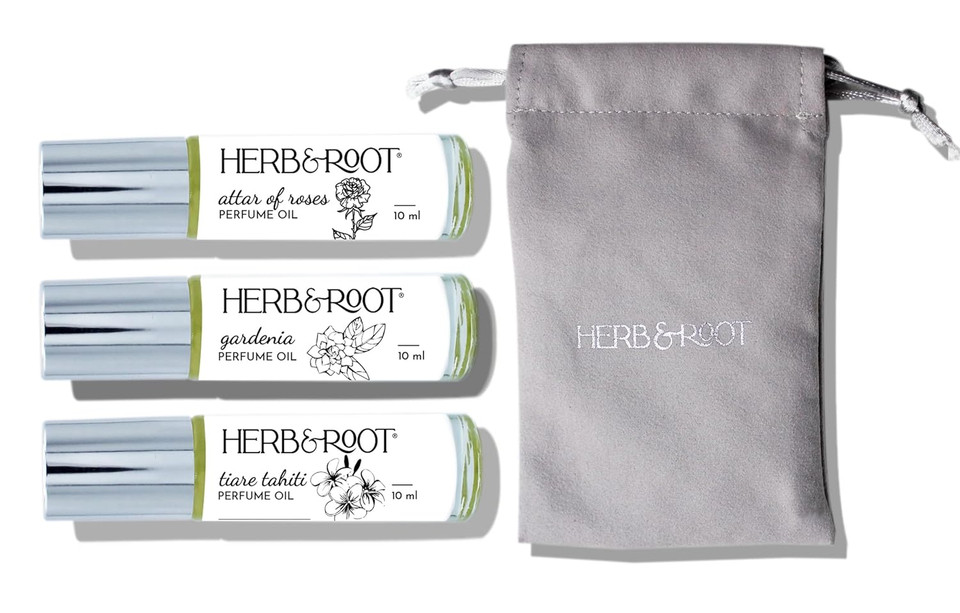 Herb & Root 3 Pc Mini Variety Perfume Set For Women Or Men, Unisex Aromatherapy Oils Roll Ons, Floral, Gourmand, Woods, Earthy, Aromatic, Citrus (Floral)
