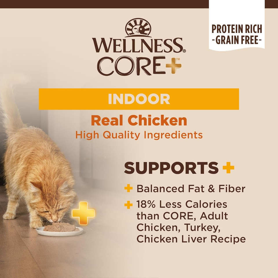 Wellness Core+ Grain Free High Protein Wet Canned Cat Food, Chicken & Chicken Liver Indoor Recipe, 3 Ounces (Pack Of 12)